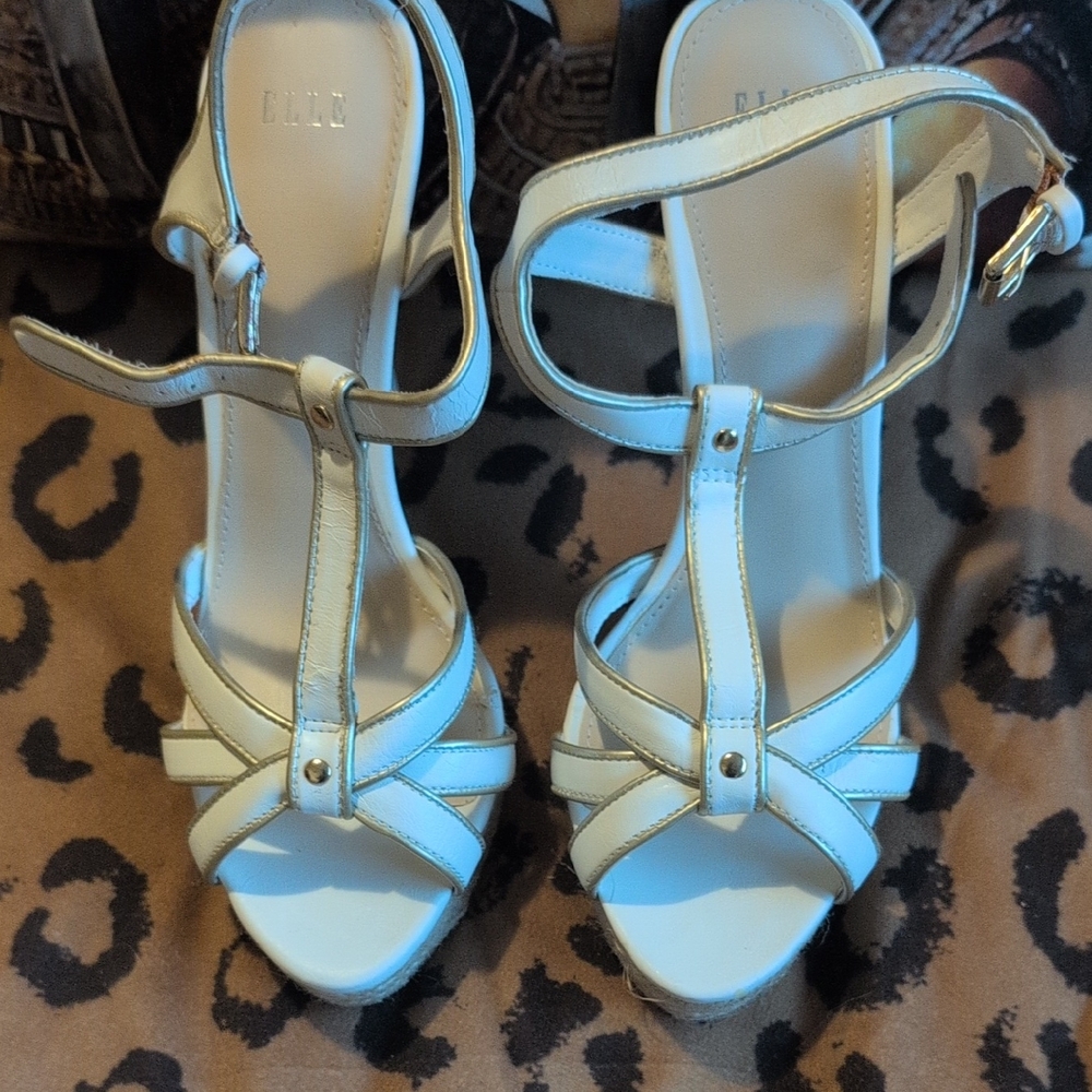 Elle White T-Strap Peep-Toe Heels with Gold Accents